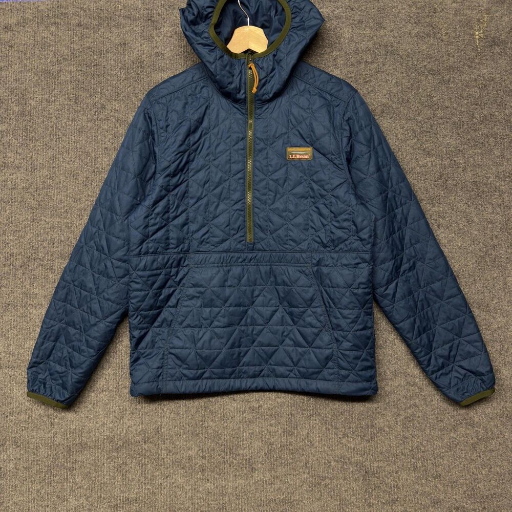 L.L. Bean Quilted Anorak Jacket Mens S Blue Hooded Insulated PrimaLoft Pullover